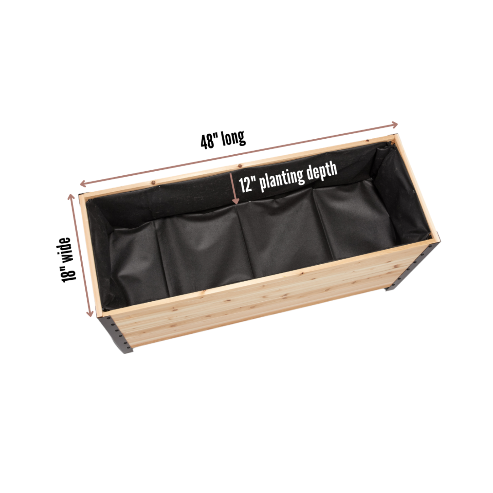 Cedar Planters 18x48 inch planter box top view showing 18 inch width, 60 inch length, and 12 inch planting depth