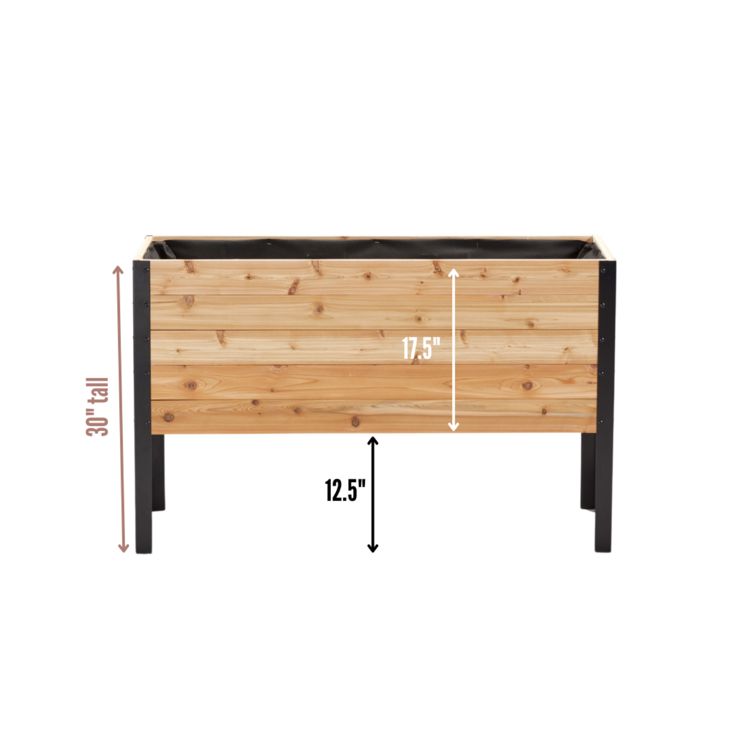 Cedar Planters 18x48 inch raised garden bed dimension diagram: 30 inch total height, 12.5 inch ground clearance, 17.5 inch box height