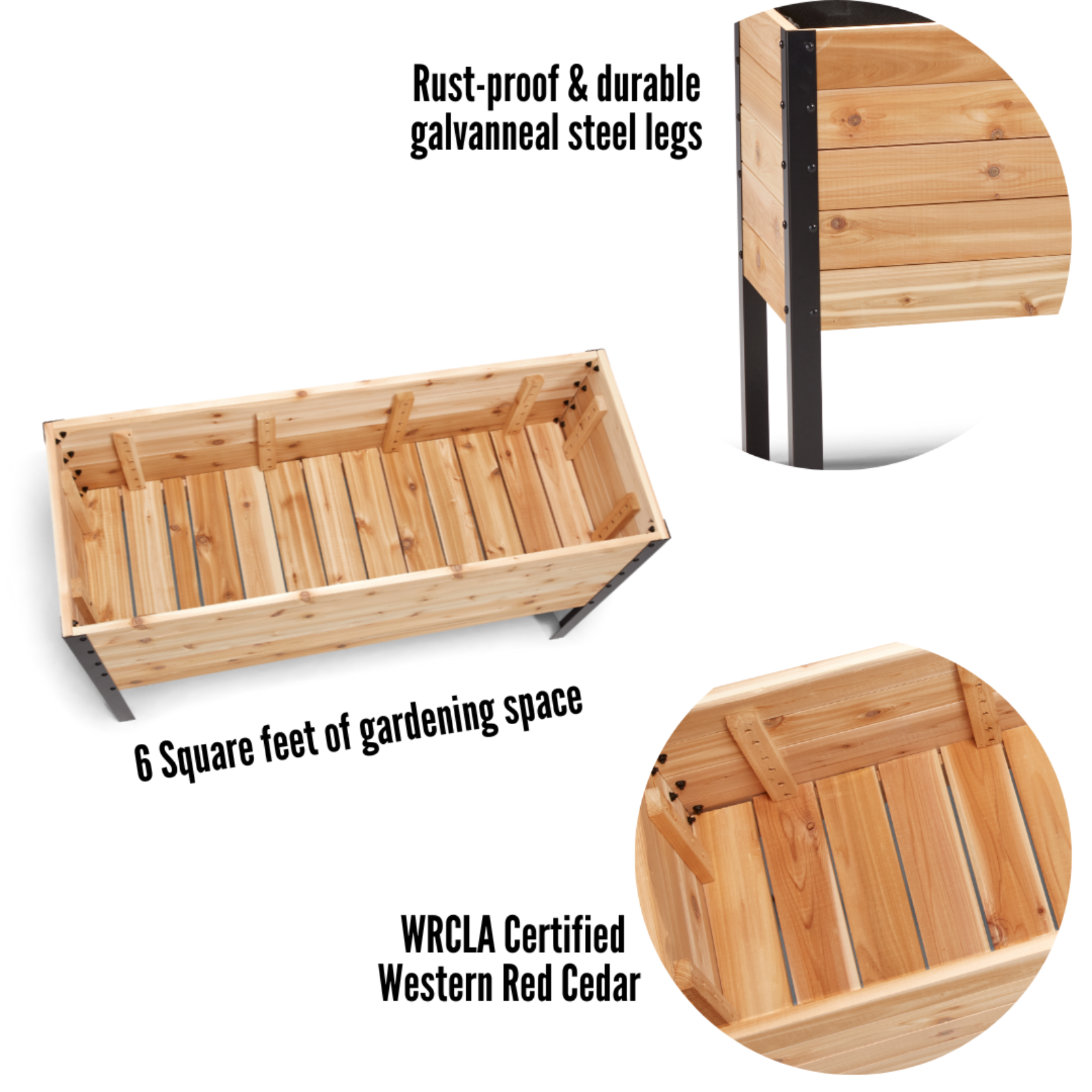 Cedar Planters 18x48 inch raised garden bed feature callouts: rust-proof galvanneal steel legs, 6 square feet of gardening space, and WRCLA certified Western Red Cedar