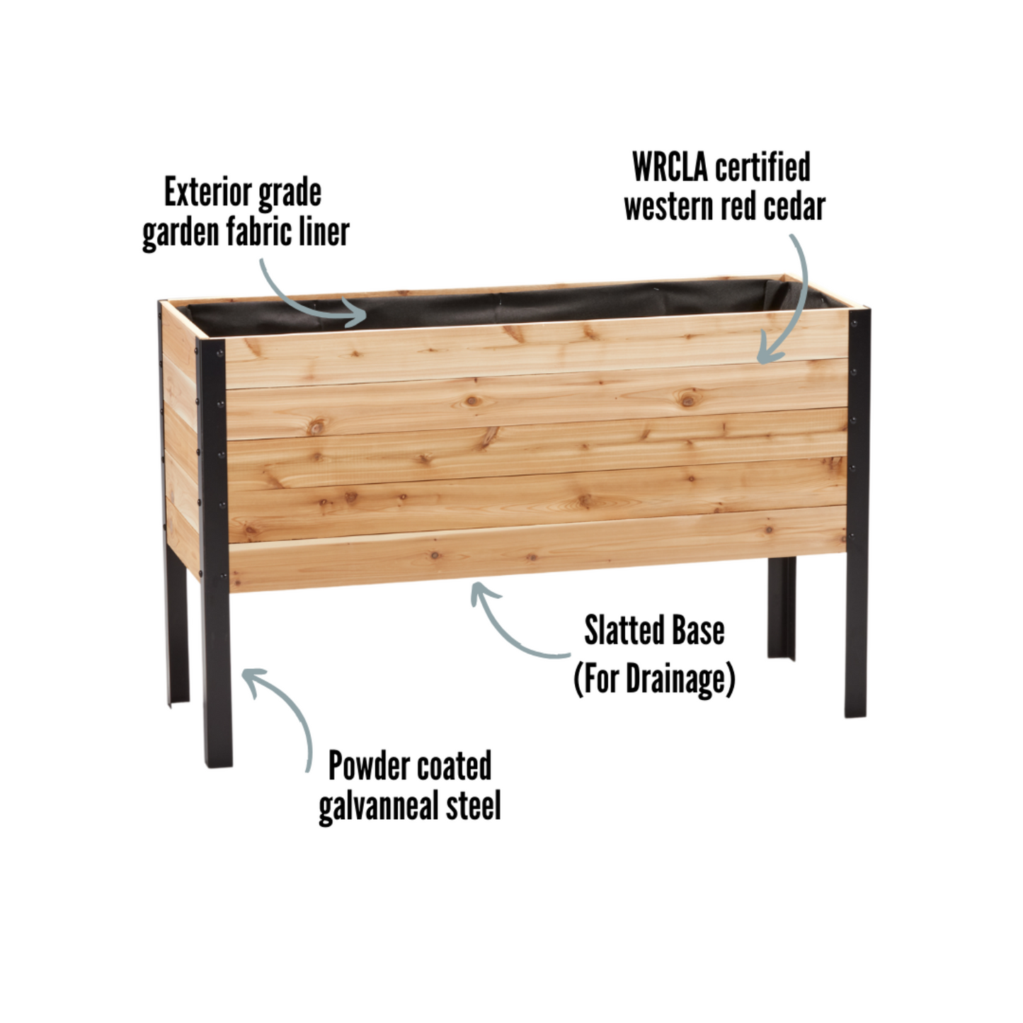 Cedar Planter 18x48 inch raised garden bed 30 inches tall highlighting exterior grade fabric liner, WRCLA certified Western Red Cedar, powder coated galvanneal steel, and slatted base for drainage
