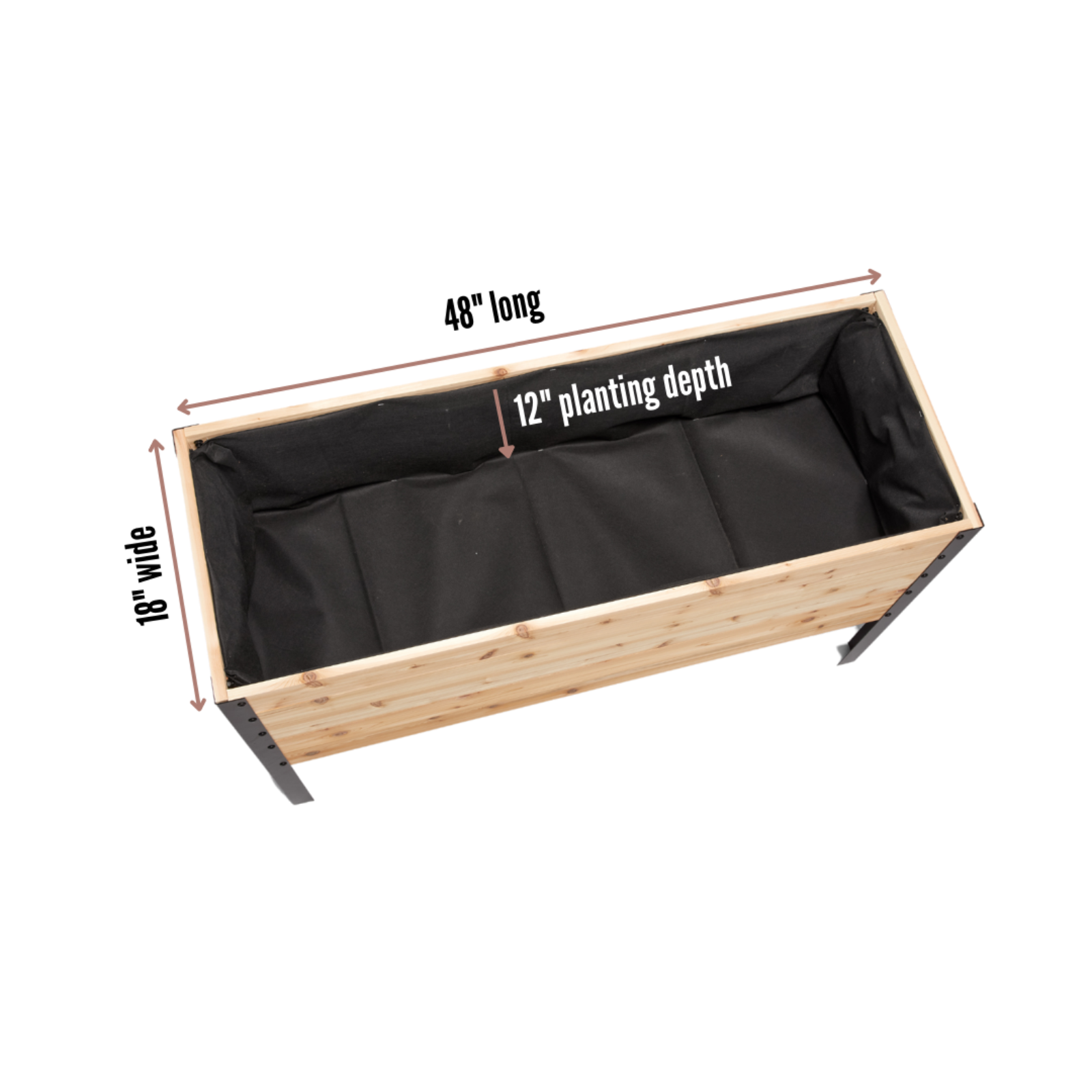 Cedar Planters 18x48 inch raised garden bed top view showing 18 inch width, 48 inch length, and 12 inch planting depth