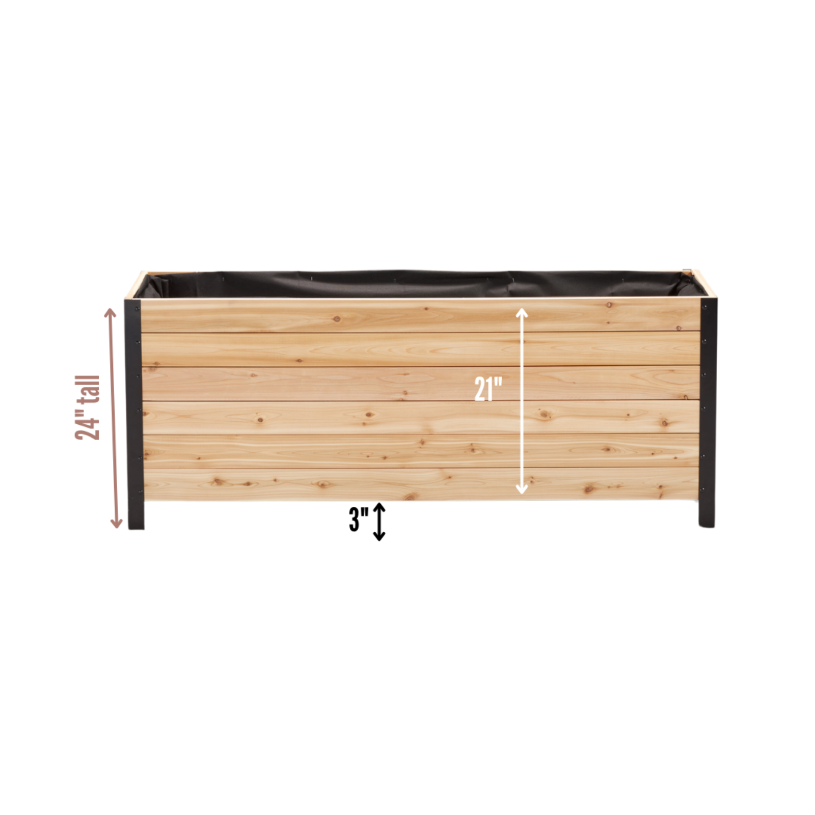 Cedar Planters 18x60 inch planter box dimension diagram: 24 inch total height, 3 inch ground clearance, 21 inch box height