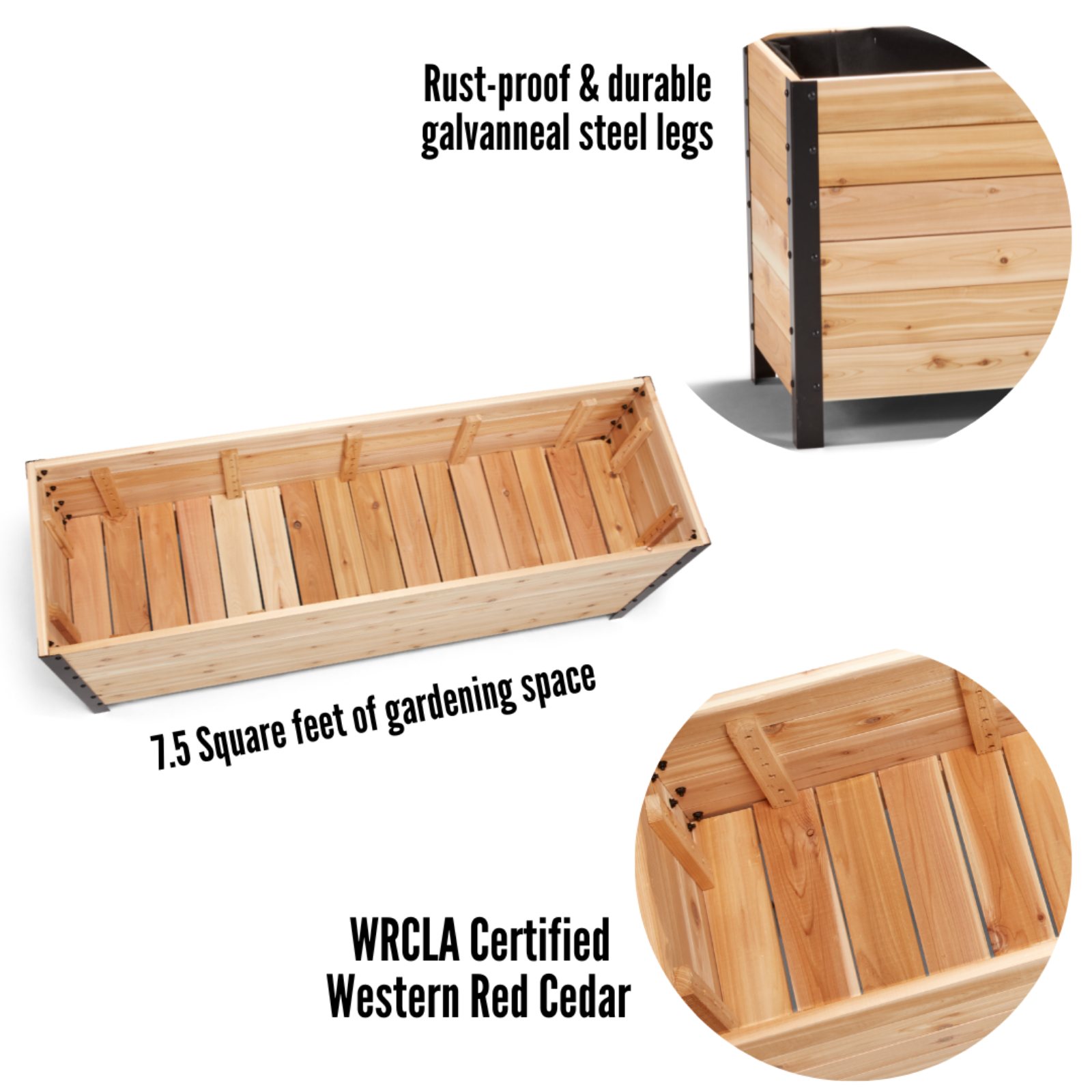 Cedar Planters 18x60 inch planter box feature callouts: rust-proof galvanneal steel legs, 7.5 square feet of gardening space, and WRCLA certified Western Red Cedar