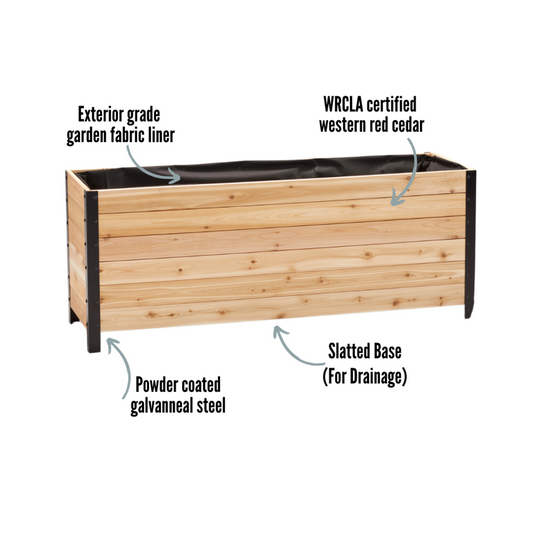 Cedar Planter 18x60 inch planter box 24 inches tall highlighting exterior grade fabric liner, WRCLA certified Western Red Cedar, powder coated galvanneal steel, and slatted base for drainage