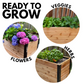 Cedar Planters 18x60 inch planter box with text including ready to grow: three planters shown with vegetables, flowers, and herbs