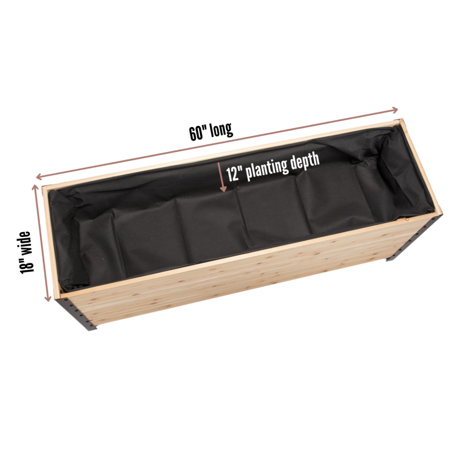 Cedar Planters 18x60 inch planter box top view showing 18 inch width, 60 inch length, and 12 inch planting depth