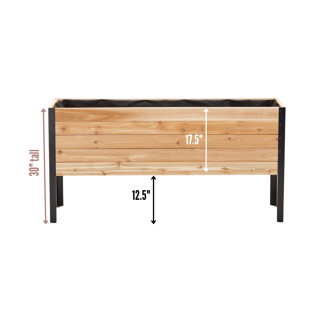 Cedar Planters 18x60 inch planter box dimension diagram: 30 inch total height, 12.5 inch ground clearance, 17.5 inch box height