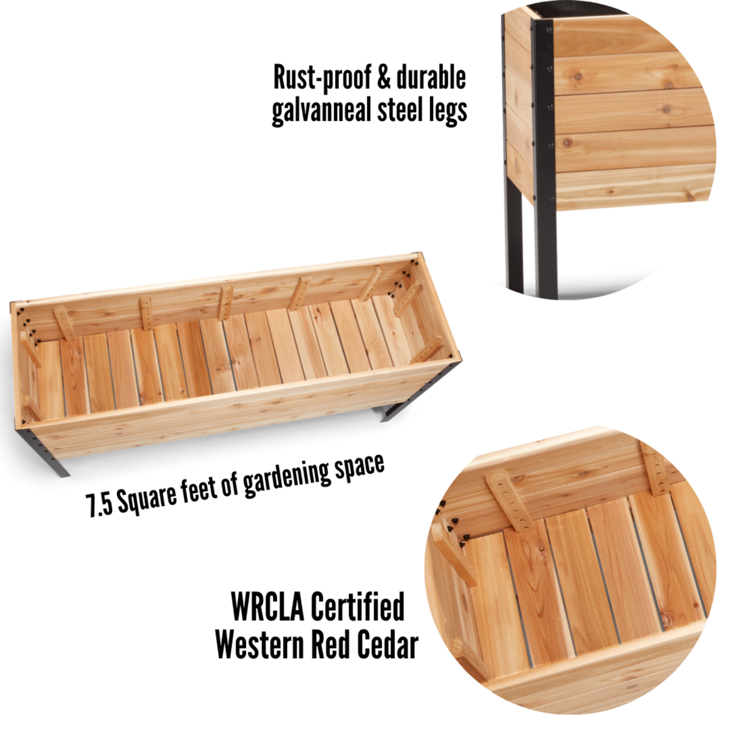 Cedar Planters 18x60 inch planter box feature callouts: rust-proof galvanneal steel legs, 7.5 square feet of gardening space, and WRCLA certified Western Red Cedar