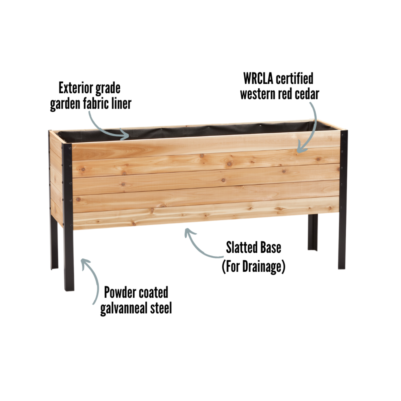 Cedar Planter 18x60 inch planter box 30 inches tall highlighting exterior grade fabric liner, WRCLA certified Western Red Cedar, powder coated galvanneal steel, and slatted base for drainage