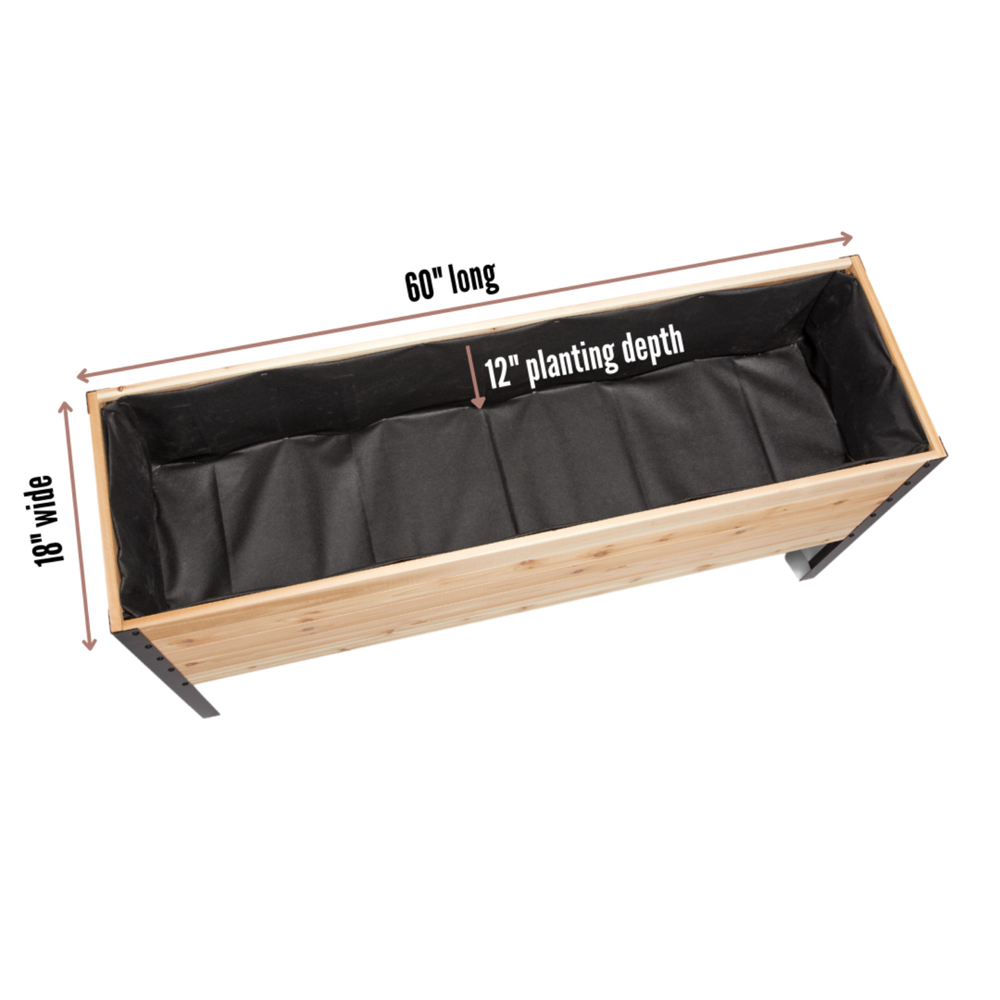 Cedar Planters 18x60 inch planter box top view showing 18 inch width, 60 inch length, and 12 inch planting depth