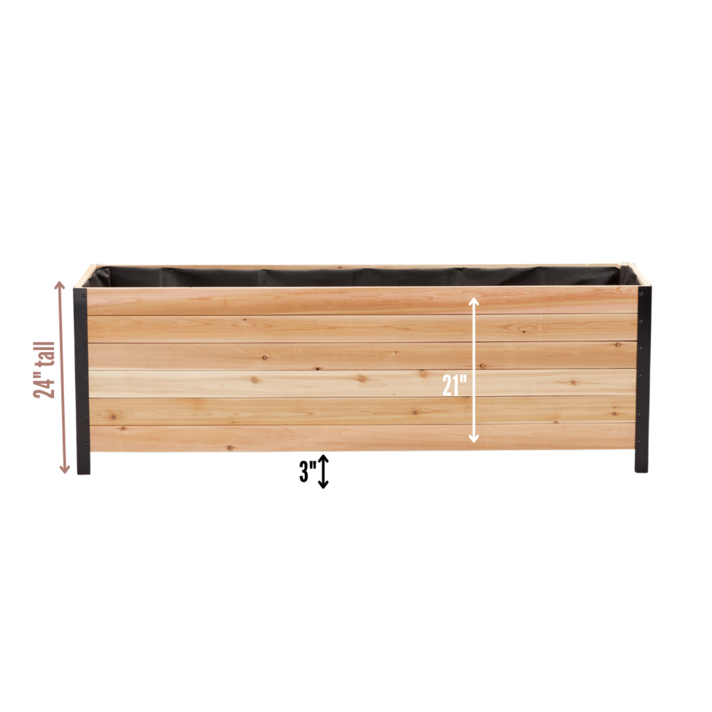 Cedar Planters 18x72 inch planter box dimension diagram: 24 inch total height, 3 inch ground clearance, 21 inch box height