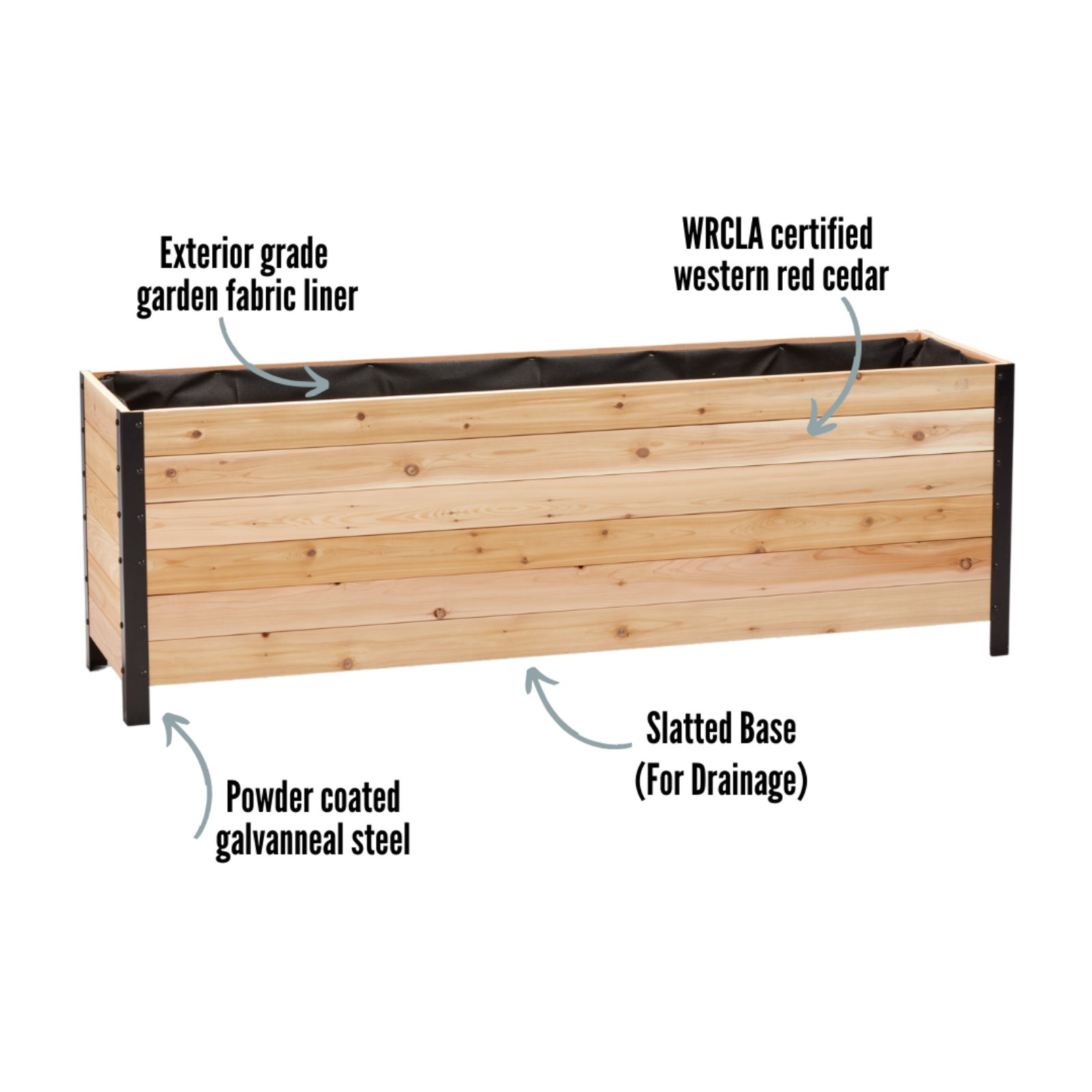 Cedar Planter 18x72 inch planter box 24 inches tall highlighting exterior grade fabric liner, WRCLA certified Western Red Cedar, powder coated galvanneal steel, and slatted base for drainage