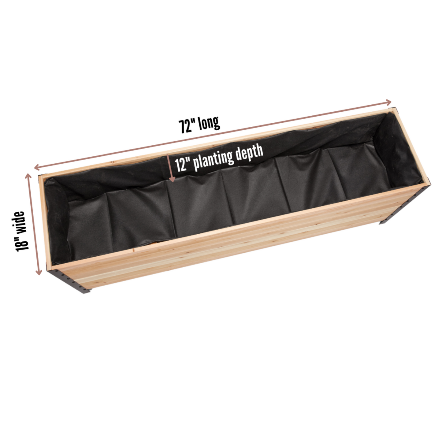 Cedar Planters 18x72 inch planter box top view showing 18 inch width, 72 inch length, and 12 inch planting depth