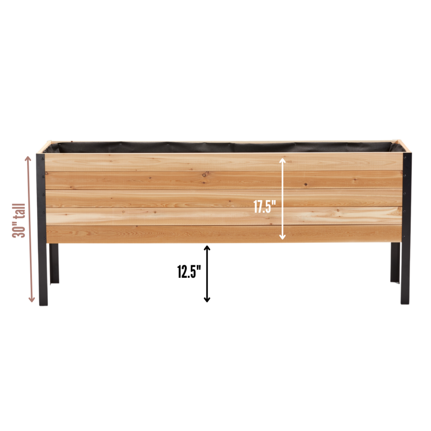 Cedar Planters 18x72 inch raised garden bed dimension diagram: 30 inch total height, 12.5 inch ground clearance, 17.5 inch box height