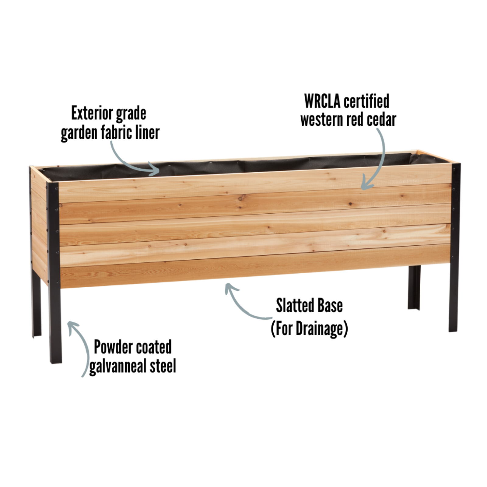 Cedar Planter 18x72 inch raised garden bed 30 inches tall highlighting exterior grade fabric liner, WRCLA certified Western Red Cedar, powder coated galvanneal steel, and slatted base for drainage