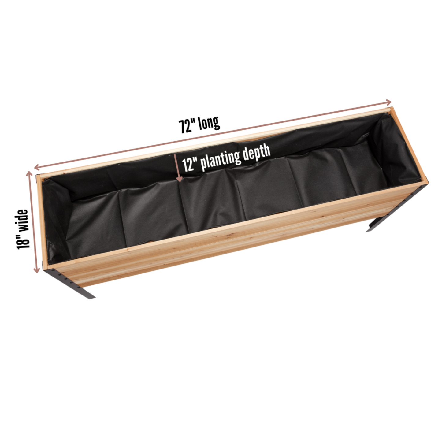 Cedar Planters 18x72 inch raised garden bed top view showing 18 inch width, 60 inch length, and 12 inch planting depth