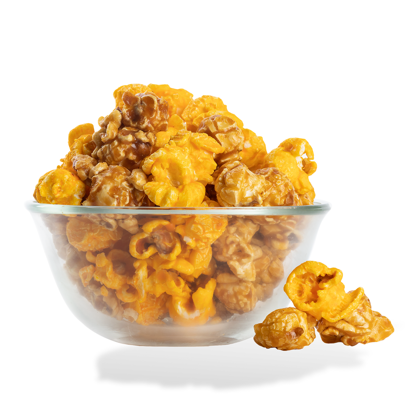 Cheese & Caramel Mix Popcorn popped in a bowl on a white background