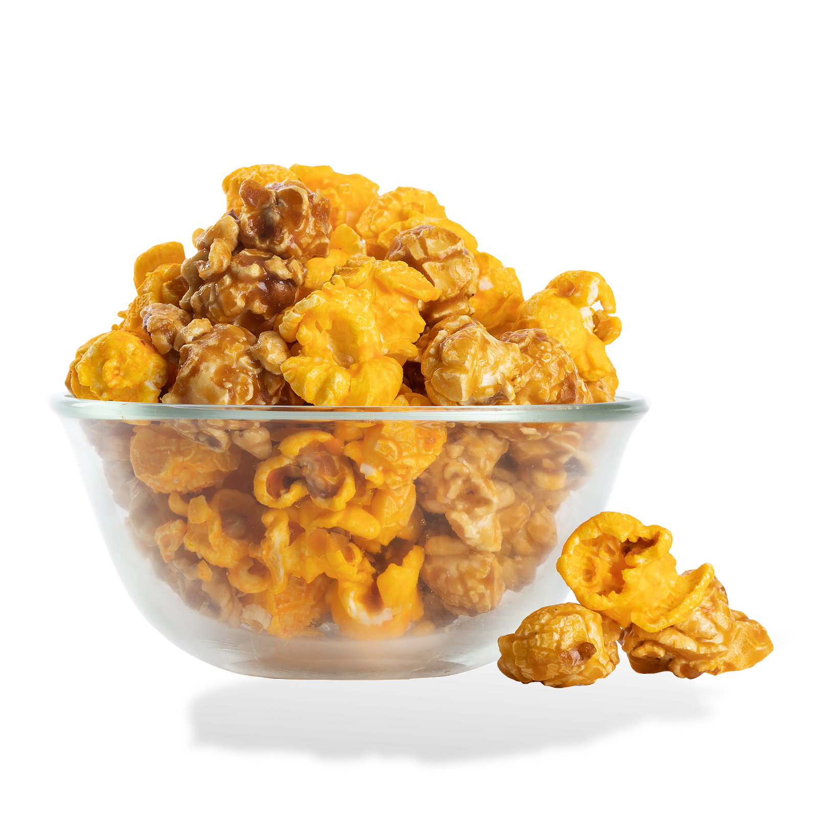 Cheese & Caramel Mix Popcorn popped in a bowl on a white background