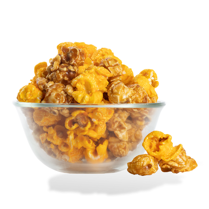 Cheese & Caramel Mix Popcorn popped in a bowl on a white background