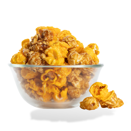 Cheese & Caramel Mix Popcorn popped in a bowl on a white background