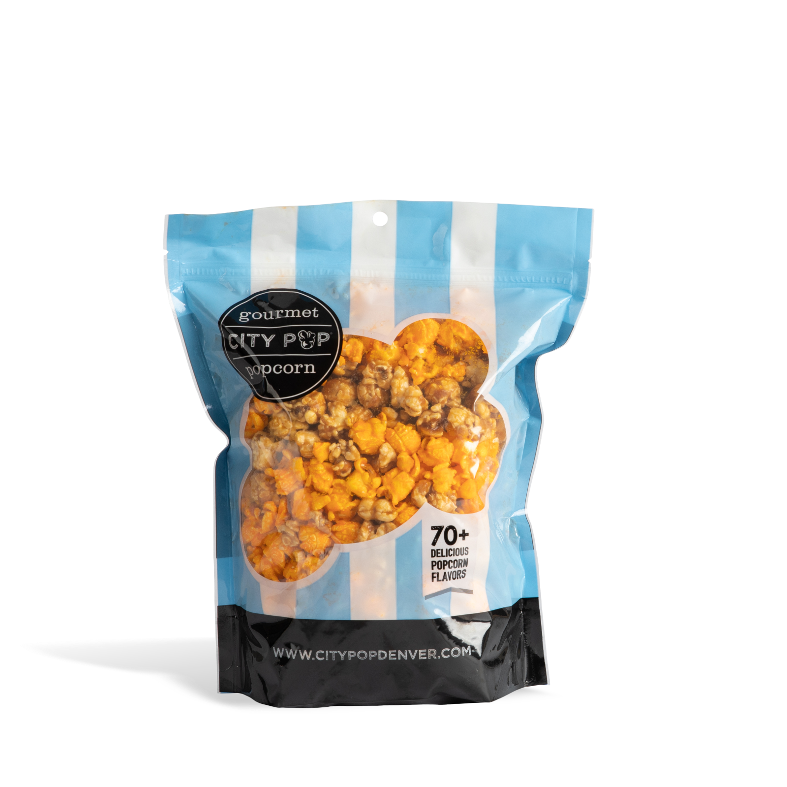 Bag of City Pop Cheese and Caramel Mix popcorn with blue and white striped design on a white background