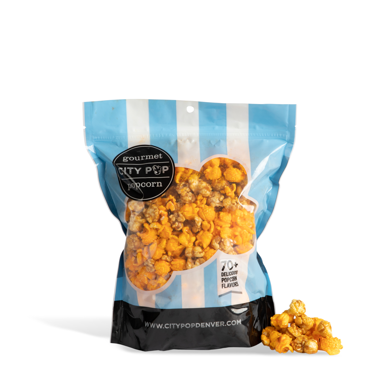 Bag of City Pop Cheese and Caramel Mix popcorn with visible branding on a white background