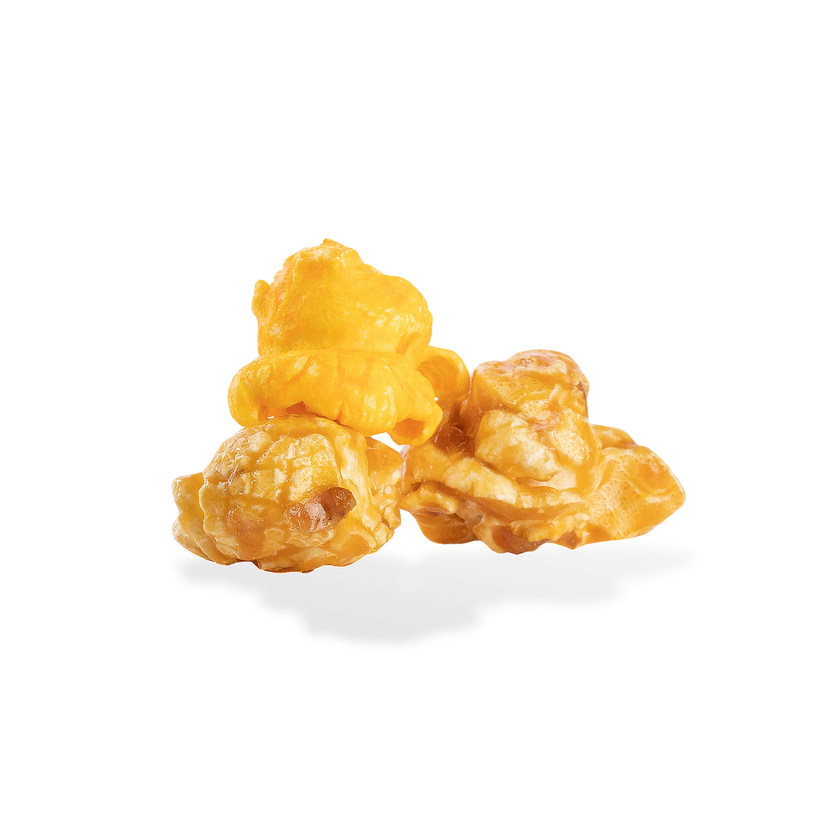 Three pieces of Cheese and Caramel Mix popcorn on a white background