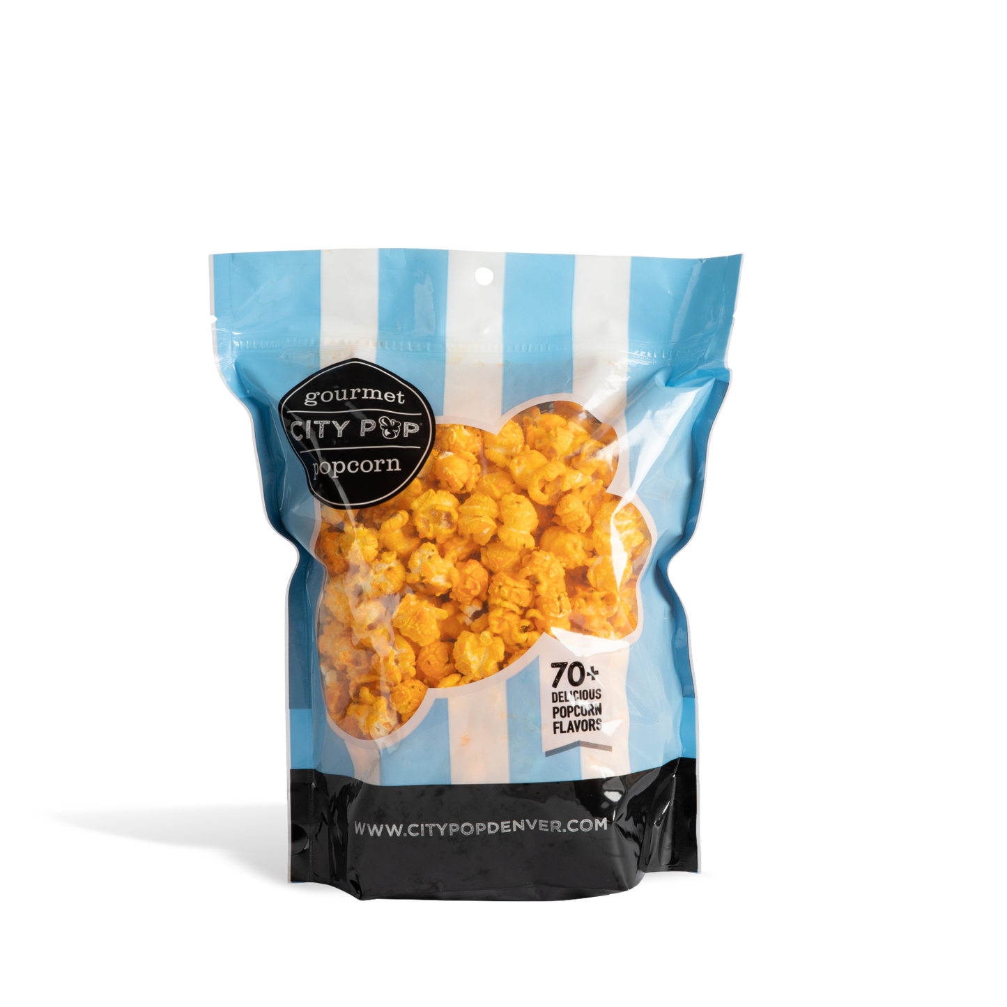 Bag of City Pop Cheesy Ranch popcorn with blue and white striped design on a white background