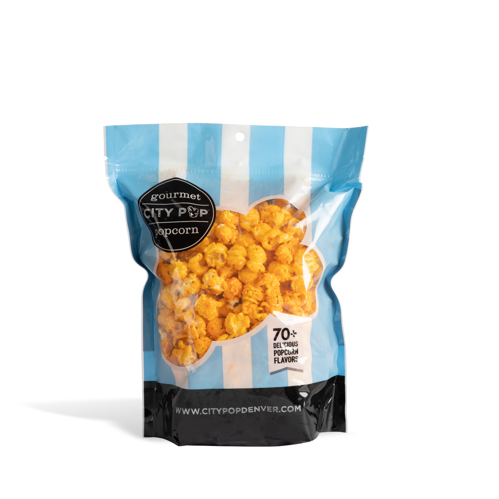 Bag of City Pop Cheesy Ranch popcorn with blue and white striped design on a white background