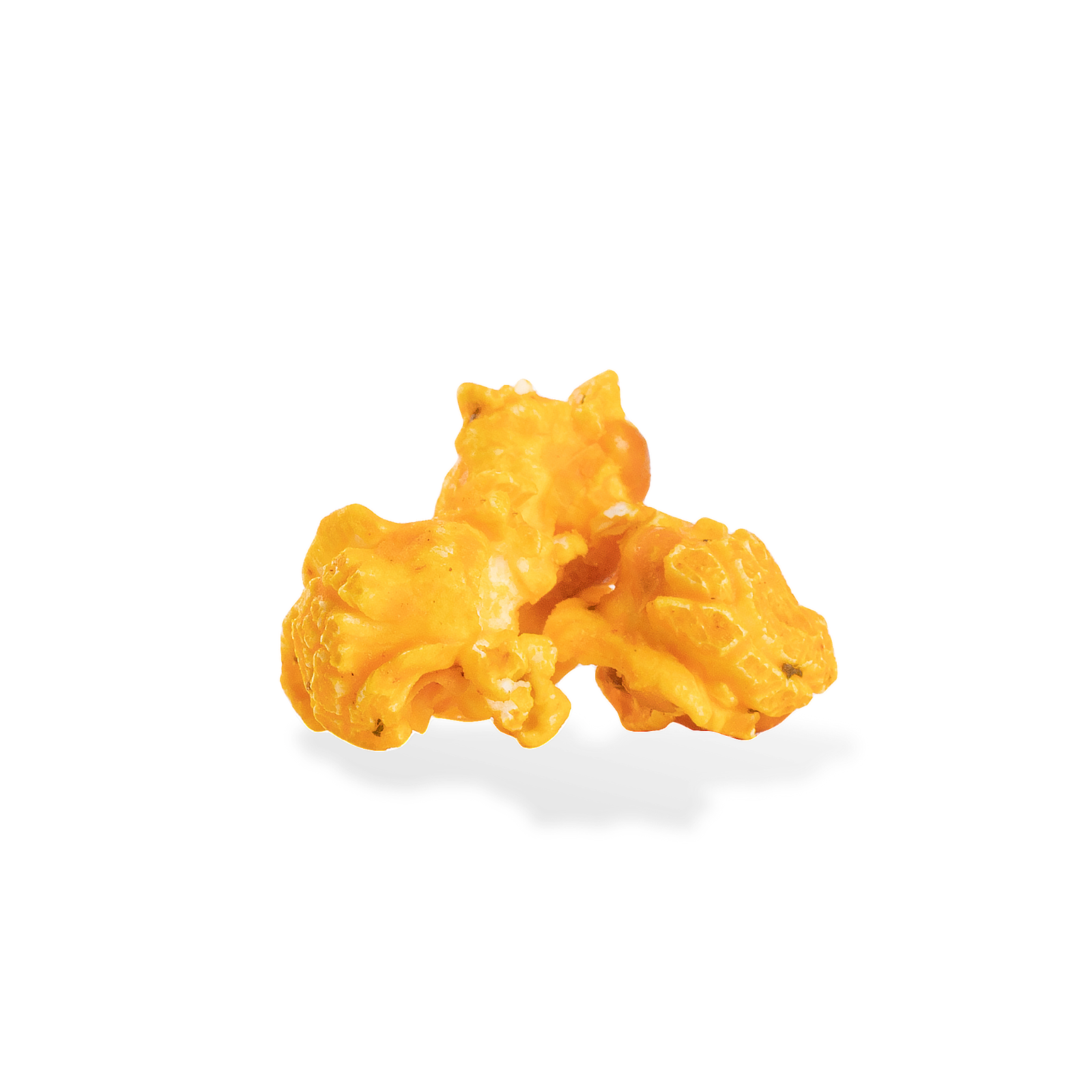 Three pieces of Cheesy Ranch popcorn on a white background