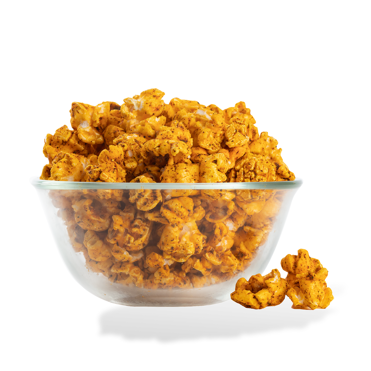 Chili Lime Popcorn popped in a bowl on a white background