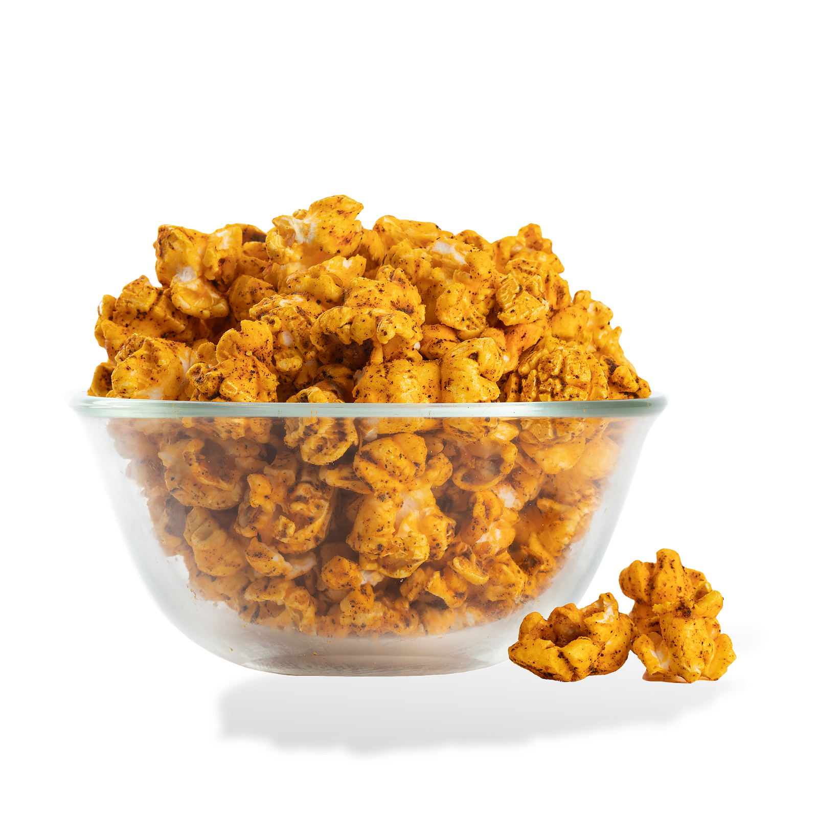 Chili Lime Popcorn popped in a bowl on a white background