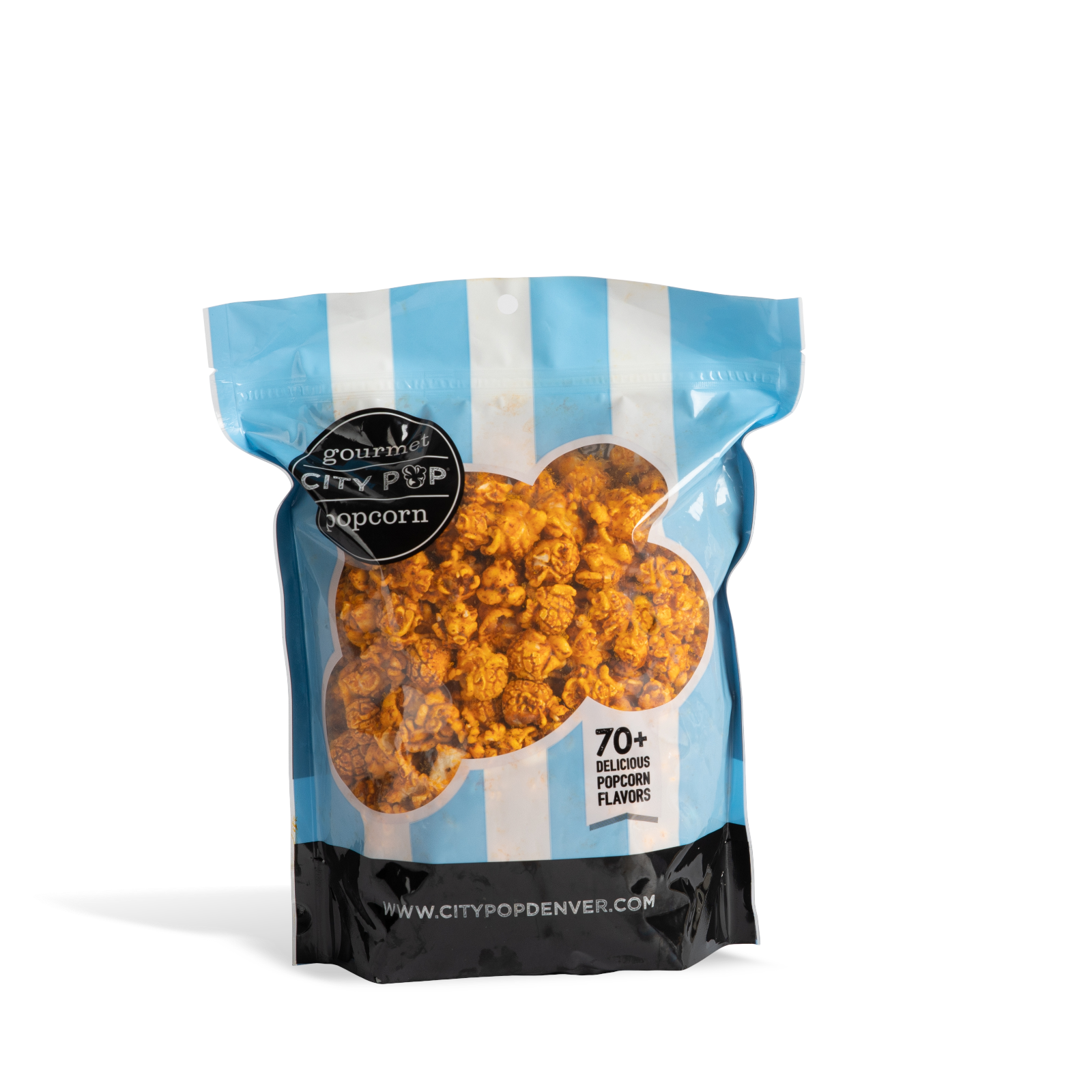 Bag of City Pop Chili Lime popcorn with blue and white striped design on a white background