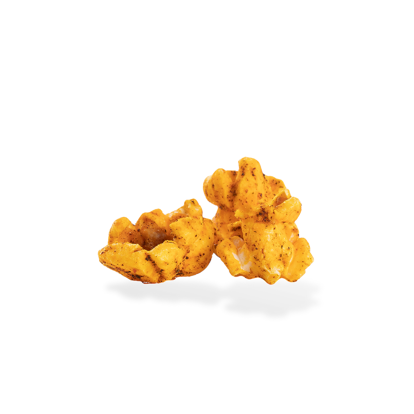 Three pieces of Chili Lime Cheese popcorn on a white background