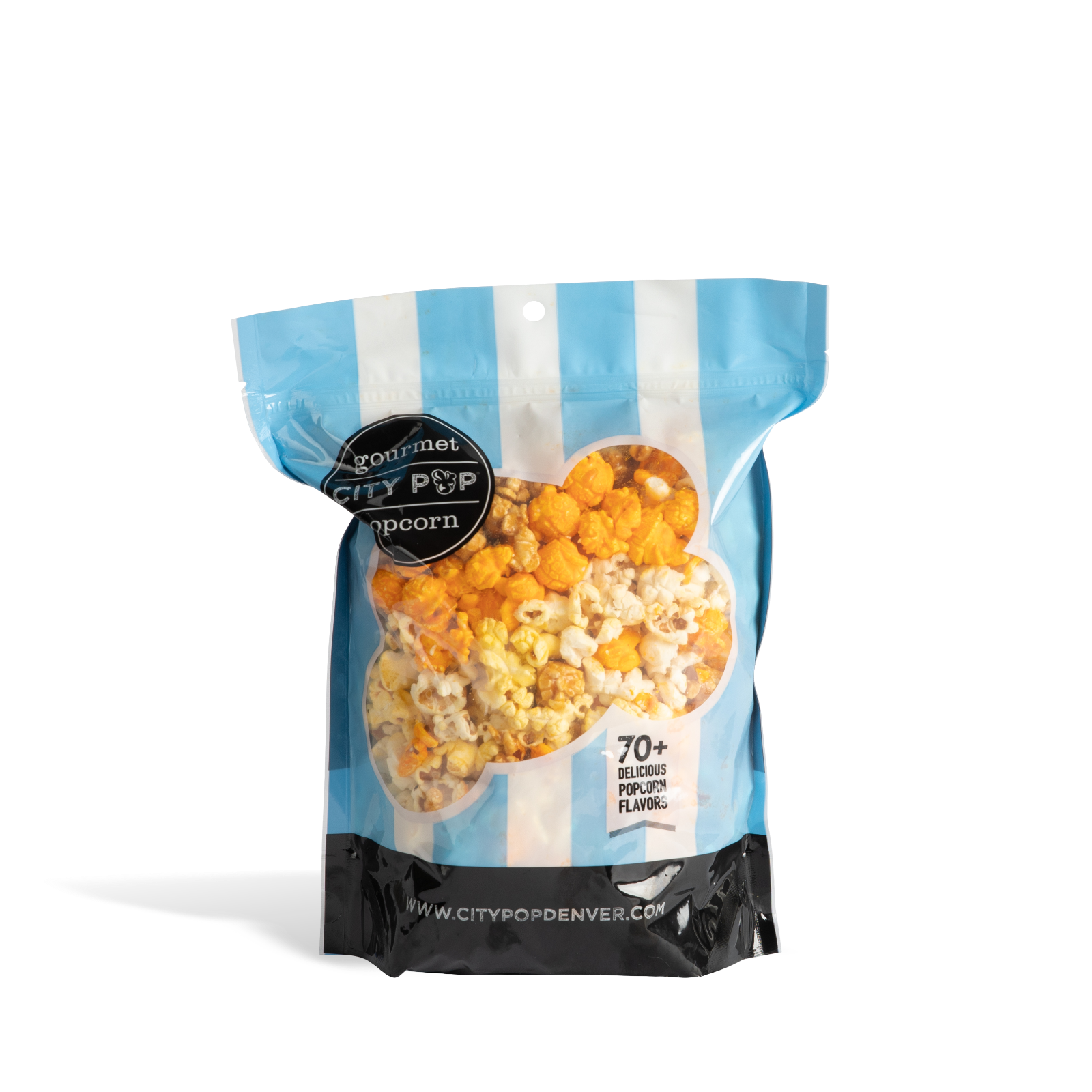 Bag of City Pop Classic Mix popcorn with blue and white striped design on a white background