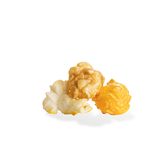 Three pieces of Classic Mix popcorn on a white background