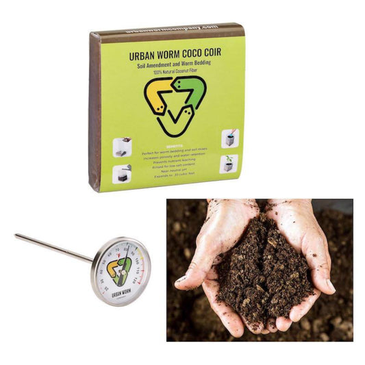 Urban Worm Bundle including Coco Coir package, a thermometer and hands holding worm castings.