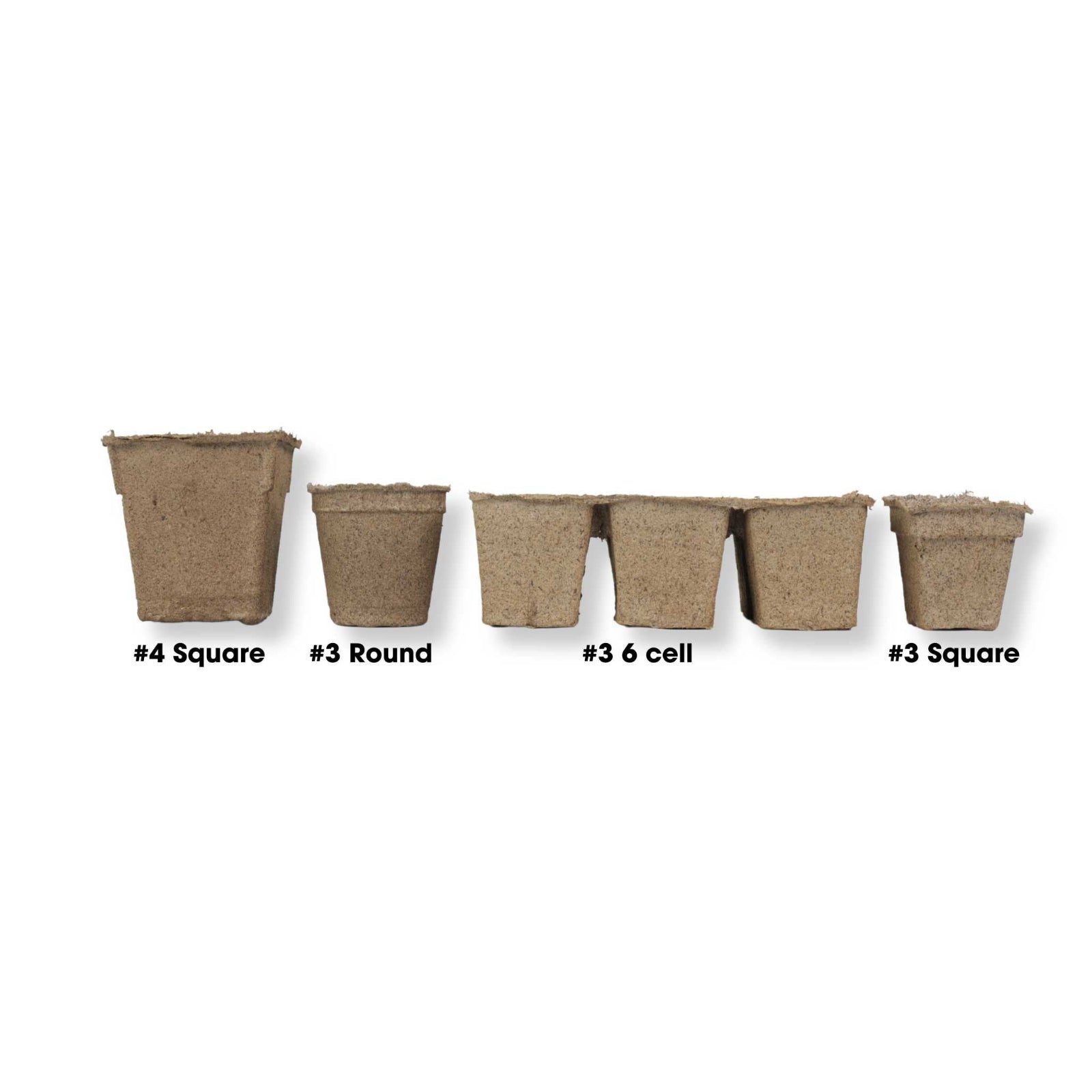 Set of five biodegradable pots with labels indicating their sizes on a white background