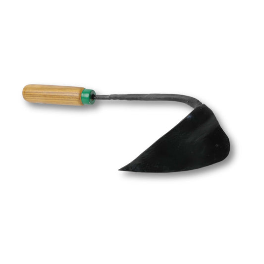 EZ-Digger Korean triangle blade tool with short wooden handle on white background