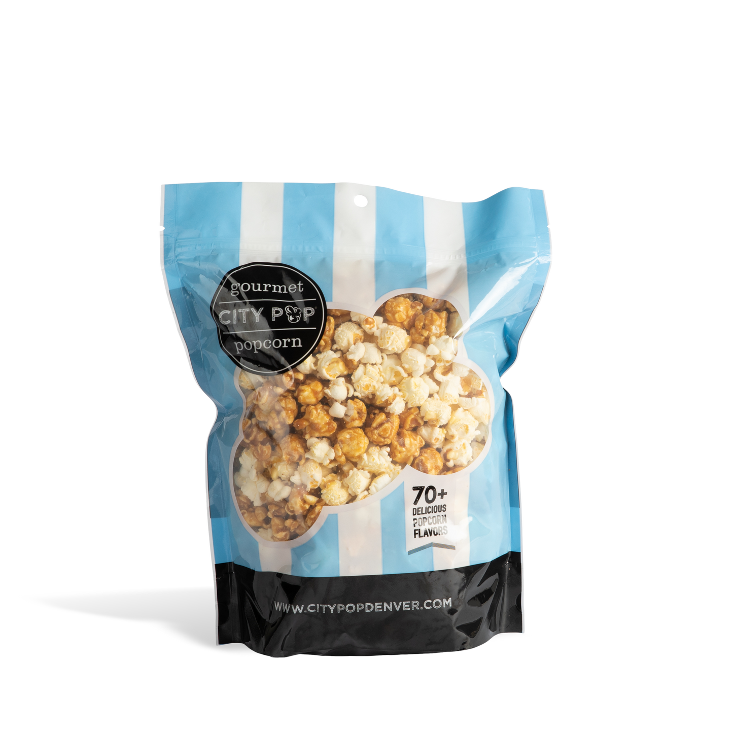 Bag of City Pop  popcorn with blue and white striped design on a white background