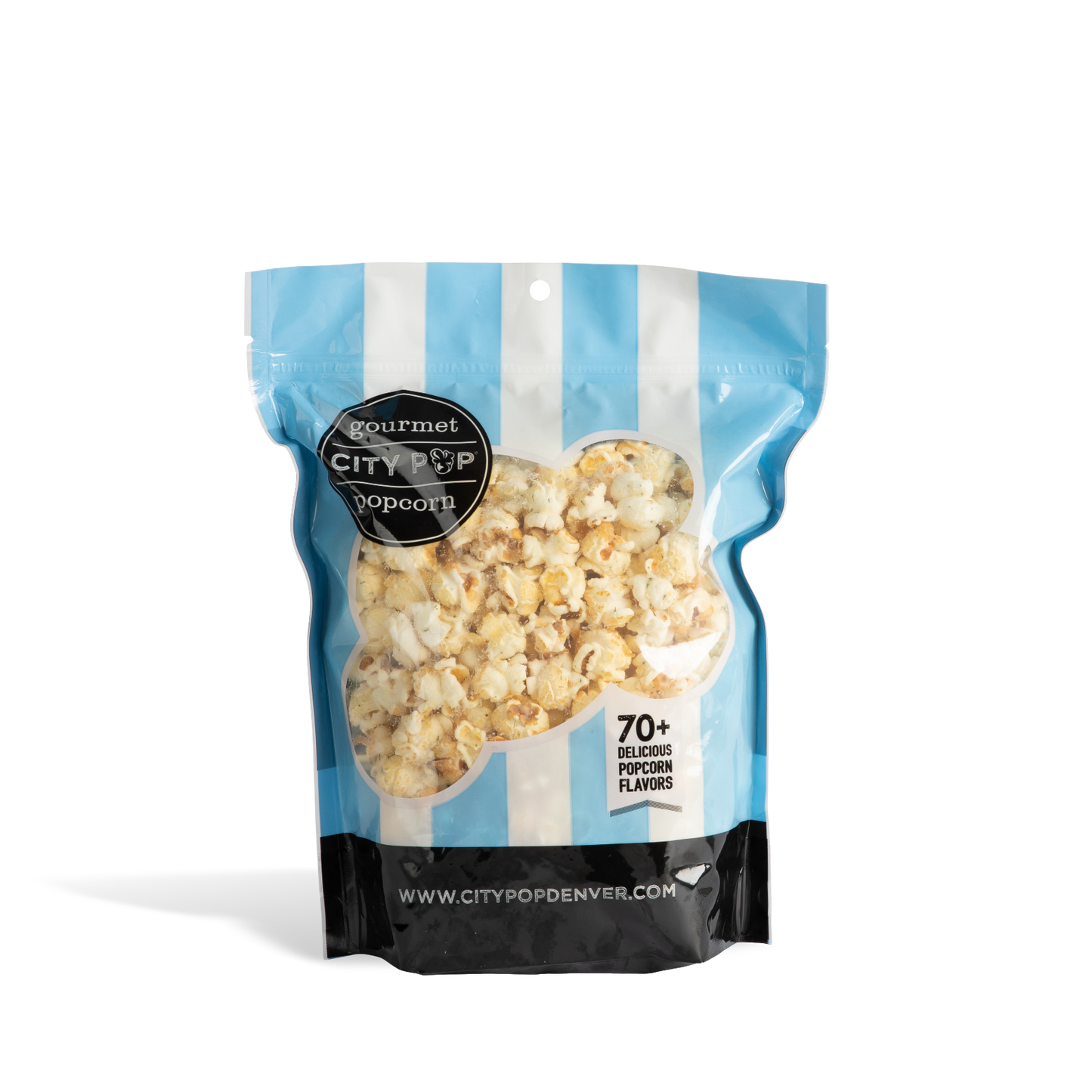 Bag of City Pop Dill Pickle popcorn with blue and white striped design on a white background