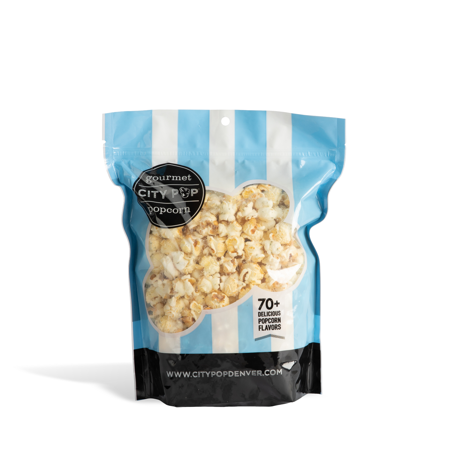 Bag of City Pop Dill Pickle popcorn with blue and white striped design on a white background