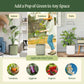 Image showing the versatility of the EZ Self-Watering Tomato planter with trellis for adding a pop of green to any spacing including: indoor, outdoor, and patio with text and pictures of each location.