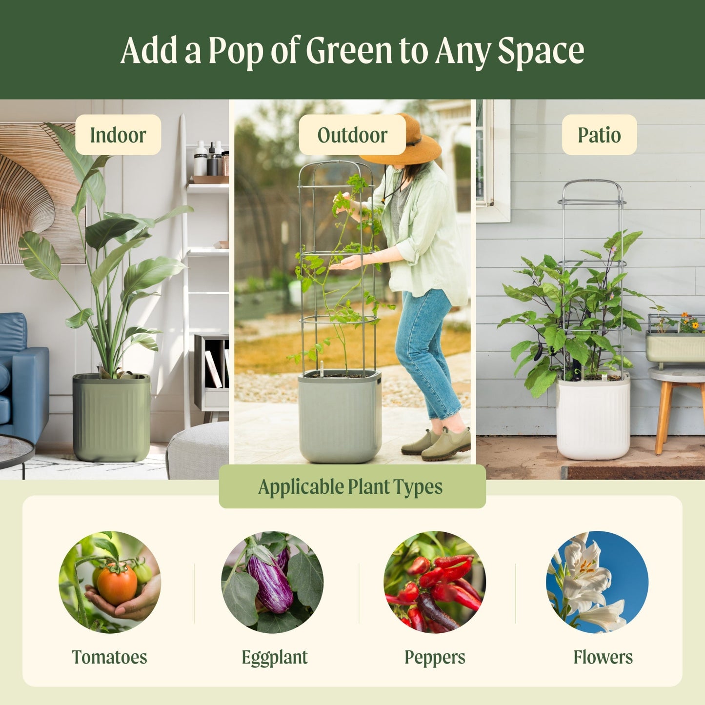 Image showing the versatility of the EZ Self-Watering Tomato planter with trellis for adding a pop of green to any spacing including: indoor, outdoor, and patio with text and pictures of each location.