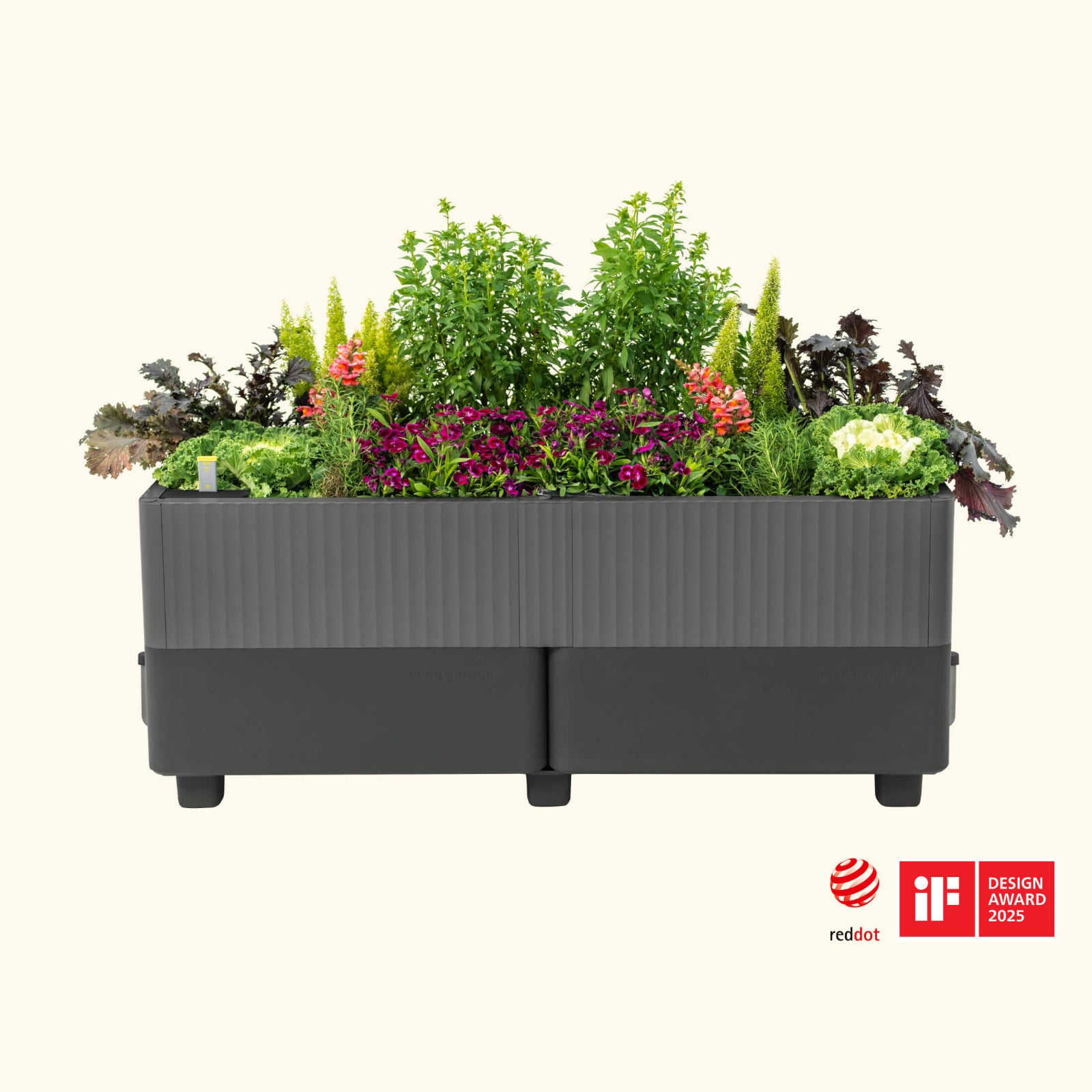 EZCube Self-Watering Planter – 21″ x 48″ in fog gray with colorful flowers and plants on a white background.