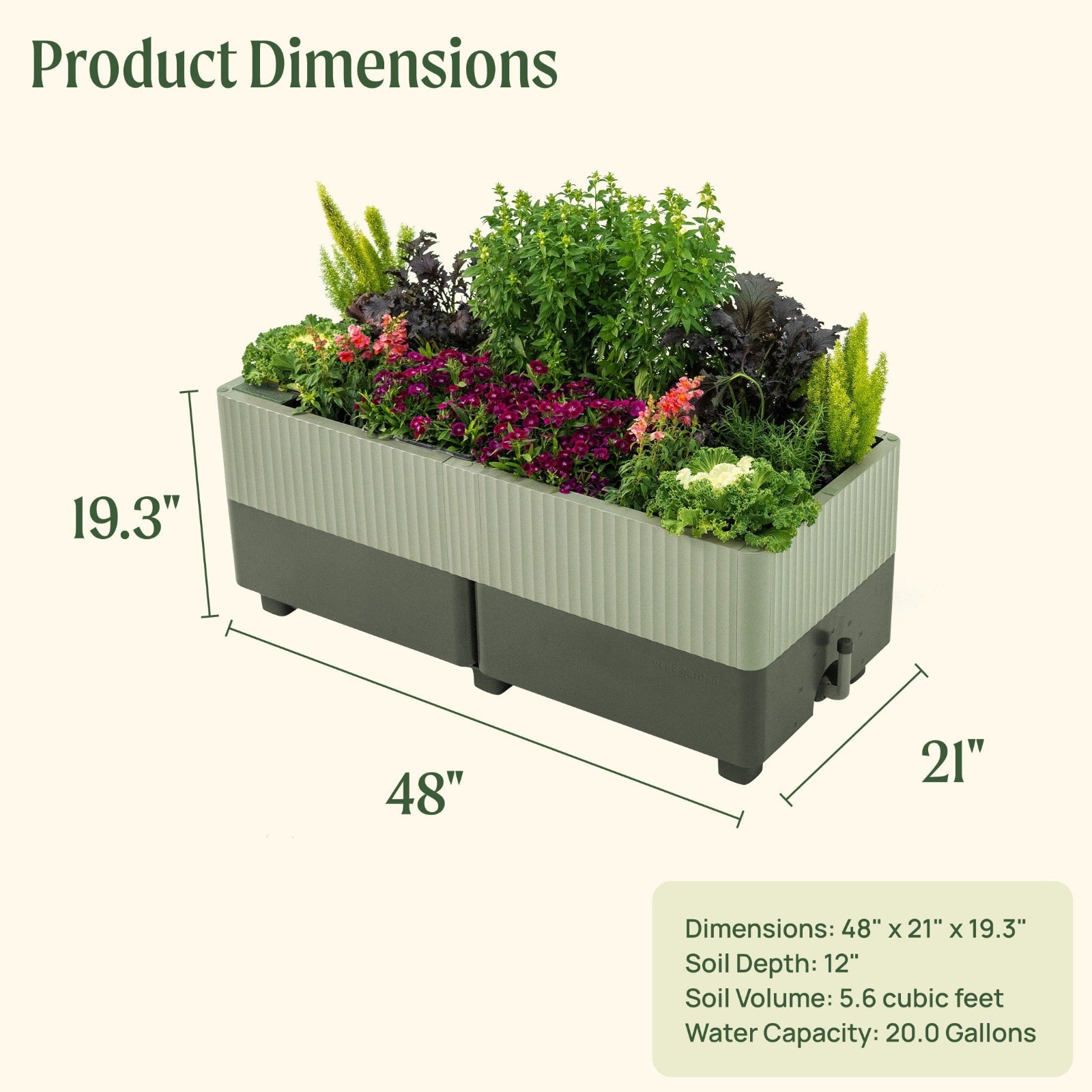 Dimensions of the EZCube Selt-watering planter with plants, showing height of 19.3", width 21", and length of 48", soil depth 12", soil volume 5.6 cubic feet, and water capacity of 20 gallons.