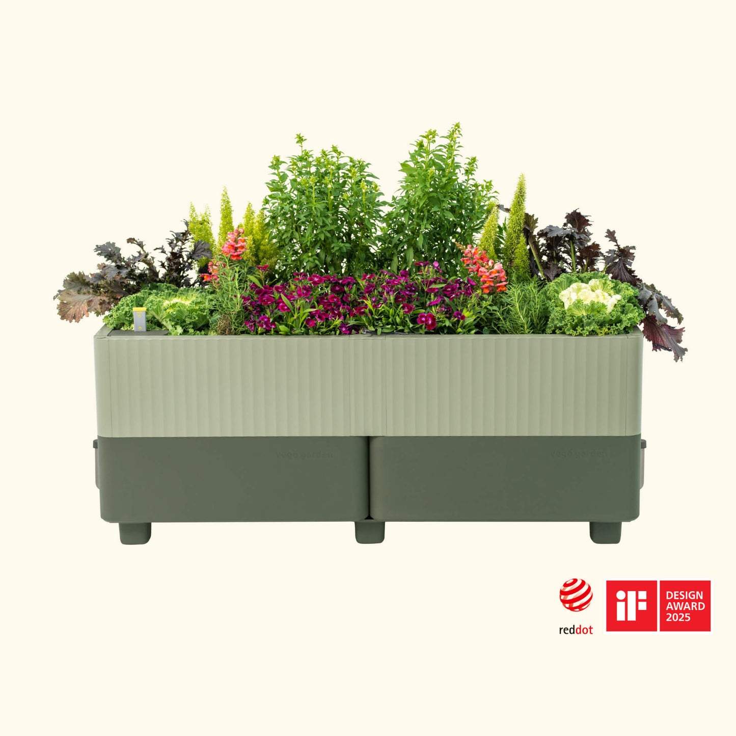 EZCube Self-Watering Planter – 21″ x 48″ in sage green with colorful flowers and plants on a white background.