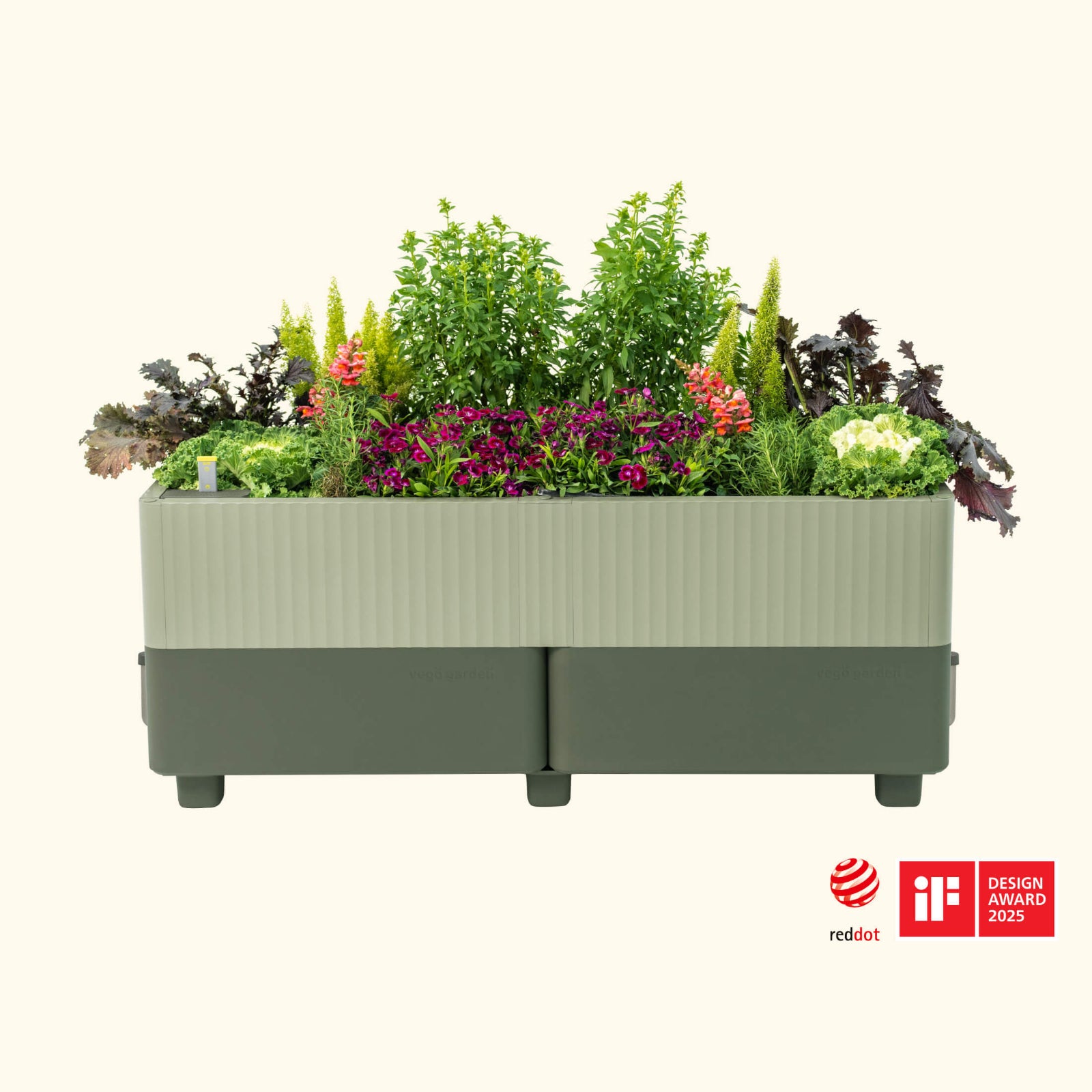 EZCube Self-Watering Planter – 21″ x 48″ in sage green with colorful flowers and plants on a white background.