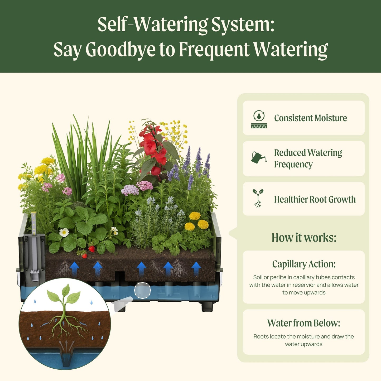 EZCube Self-watering system for plants with text explaining benefits and how it works including: consistent moisture, reduced watering frequency, healthier root growth. It works via capillary action to allow the water from the reservoir to move upwards via the soil and roots.