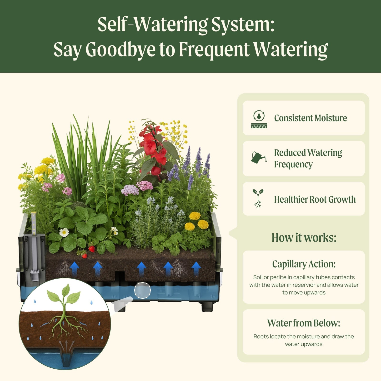 EZCube Self-watering system for plants with text explaining benefits and how it works including: consistent moisture, reduced watering frequency, healthier root growth. It works via capillary action to allow the water from the reservoir to move upwards via the soil and roots.